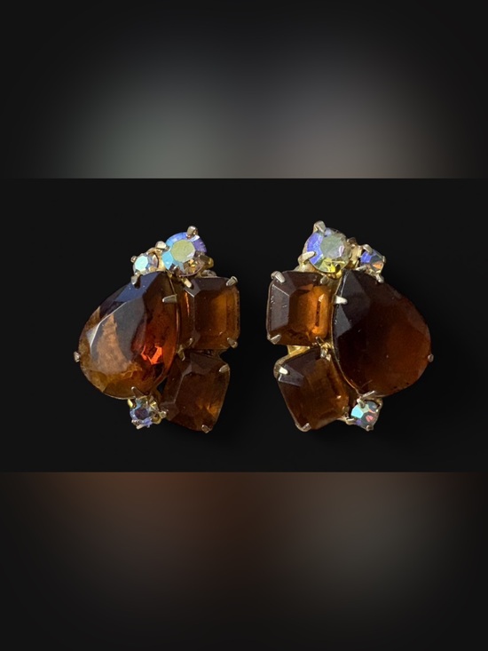 Jewelry - Vintage 1950s Topaz Rhinestone Cluster Clip On Earrings Amber Gold Mid Century